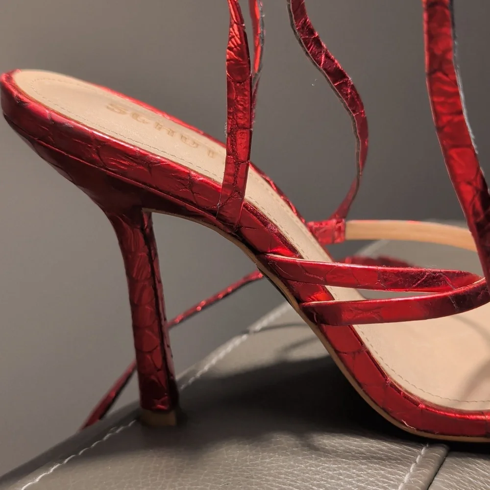 Schutz Krist Red Metallic Croc Embossed Leather Tie Up Wrap Heels Size 8🔥